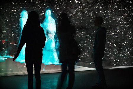 Moscow, Russia - January 28, 2016: people standing in front of an interactive installation in the exhibition center "Mars." Focus on the silhouetteのeditorial素材
