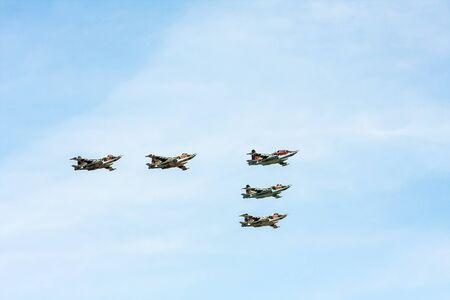 Moscow, Russia - May 7, 2015: group flight of russian armored subsonic attack aircraft Su-25, from...