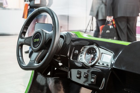 Moscow, Russia, December 20, 2016: exhibits at the exhibition dedicated to the technologies related Connected Car. Equipment for electrical cars and achievements in the field of connected carsのeditorial素材