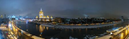 Panorama of the night streets of Moscow in the spring. View of Novy Arbat street and hotel Ukraine