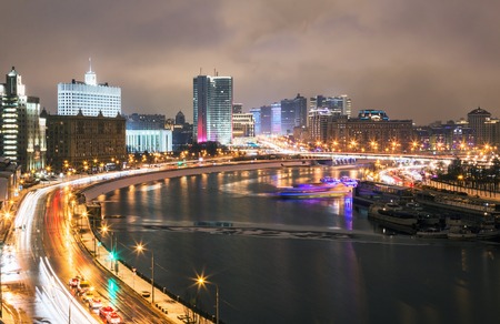 Night streets of Moscow in the spring. View of the building of the Russian government and the City Hallの写真素材