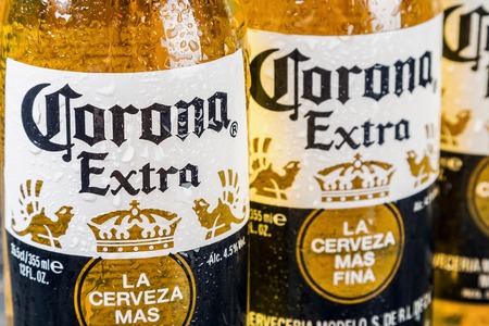 Moscow, RUSSIA - April 6, 2017: Corona extra beer global brand. Corona extra Lager Beer is the flagship product of the Mexican company Grupo Modeloのeditorial素材
