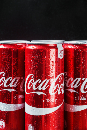 Moscow, Russia - April 13, 2017: Coca Cola in a tin can. Coca-Cola is a carbonated non-alcoholic beverage sold all over the worldのeditorial素材
