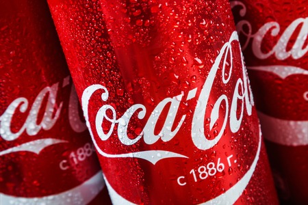 Moscow, Russia - April 13, 2017: Coca Cola in a tin can. Coca-Cola is a carbonated non-alcoholic...