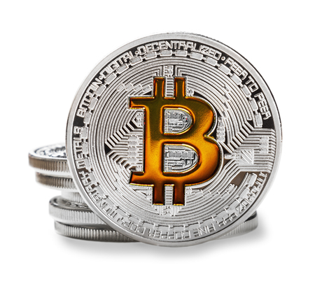 bitcoin coins isolated on a white background. Bitcoin is the most popular cryptocurrency in the worldの写真素材