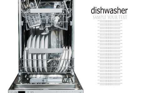 Clean glasses, glasses and plates, different dishes in the dishwasher isolated on a white background.の写真素材