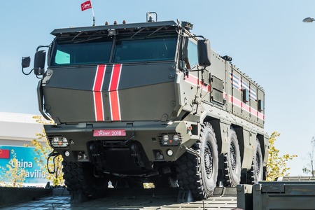 Moscow, Russia-August 24, 2018: samples of modern weapons of Russian army in the international military-technical forum Army 2018 . Typhoon K-63968 universal armored vehicle increased securityのeditorial素材