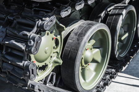 undercarriage with tracks and slides of military equipment, tanks, armored personnel carriers, self-propelled units, etcの写真素材