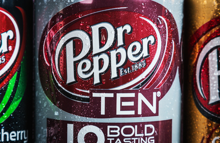 Moscow, Russia-September 6, 2018: can Dr. pepper drink with different flavor are available.Dr Pepper carbonated soft drink, trademark of Dr Pepper Snapple Groupのeditorial素材