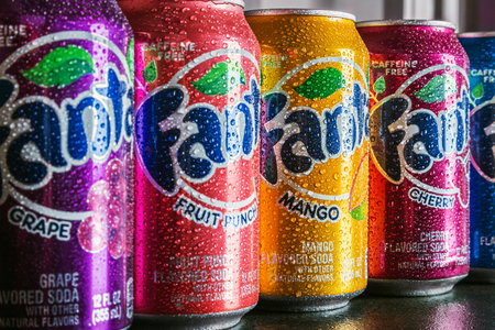 Moscow, Russia-September 6, 2018: cans of Fanta drink of different flavors in stock. Fanta non-alcoholic strongly carbonated soft drink trademark owned by the Coca-Cola Companyのeditorial素材