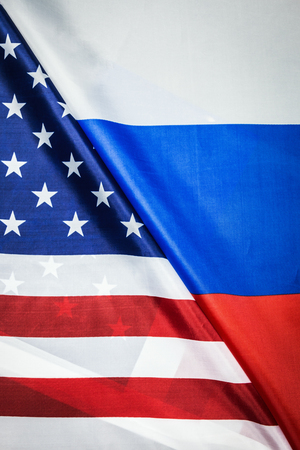 Usa flag and Russia flag background. Textile flags of the worldの写真素材