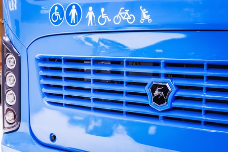 Moscow, Russia-October 23, 2018: Busworld Russia 2018 exhibition of buses and electric buses in Moscow. KAMAZ logo and stickers on the bus or electric busのeditorial素材