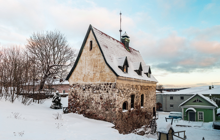 Burger manor complex of ancient buildings in the center of Vyborg, a medieval monument of architecture. winterの写真素材
