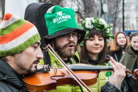 MOSCOW, Russia - MARCH 16, 2019 Saint Patricks Day celebration in Sokolniki park in Moscow. People walking around and having funのeditorial素材