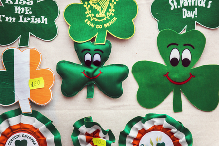 Moscow, Russia-March 16, 2019: goods and Souvenirs for Saint Patrick day in Sokolniki Park. Moscowのeditorial素材