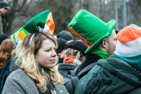MOSCOW, Russia - MARCH 16, 2019 Saint Patricks Day celebration in Sokolniki park in Moscow. People walking around and having funのeditorial素材