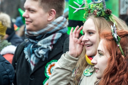 MOSCOW, Russia - MARCH 16, 2019 Saint Patricks Day celebration in Sokolniki park in Moscow. People walking around and having funのeditorial素材