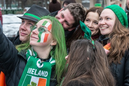 MOSCOW, Russia - MARCH 16, 2019 Saint Patricks Day celebration in Sokolniki park in Moscow. People walking around and having funのeditorial素材