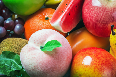 plastic replicas of various fruits for decoration and decoration of premisesの写真素材