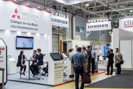 Moscow, Russia - may 27, 2019: 20th international specialized exhibition "equipment, devices and tools for Metalworking industry". Stand of Mitsubishi electricのeditorial素材