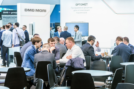Moscow, Russia - may 27, 2019: 20th international specialized exhibition "equipment, devices and tools for Metalworking industry". Work at exhibitionのeditorial素材