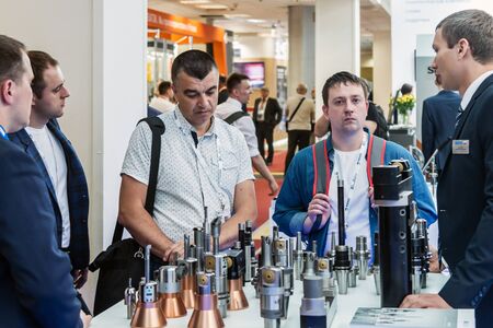 Moscow, Russia - may 27, 2019: 20th international specialized exhibition "equipment, devices and tools for Metalworking industry". Work at exhibitionのeditorial素材