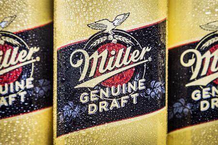 Moscow, Russia-March 28, 2019: logo on aluminum cans Beer Miller. SABMiller is a former British brewing company, the second largest brewing company in the worldのeditorial素材