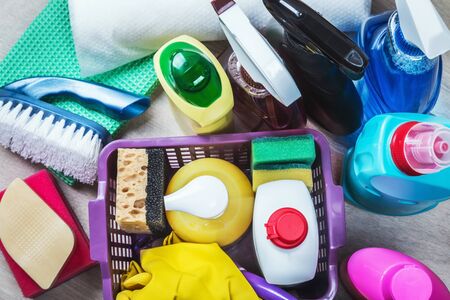 different products and items for cleaning on the kitchen countertop. Concept cleaningの写真素材