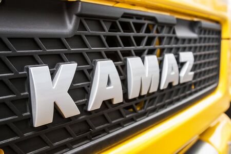 Moscow,RUSSIA - SEPTEMBER 5, 2019: 15TH INTERNATIONAL EXHIBITION OF COMMERCIAL VEHICLES "COMTRANS 2019". KAMAZ company logo on a car at the exhibitionのeditorial素材