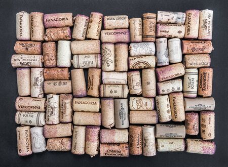 Moscow, Russia-August 29, 2019: background from wine cork wine producersのeditorial素材