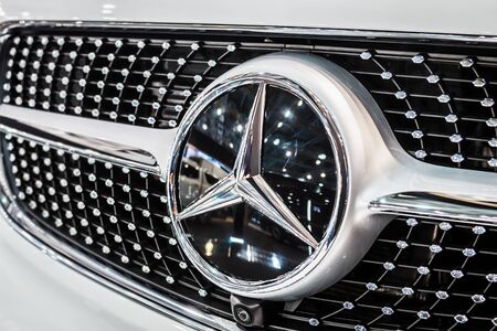 Moscow,RUSSIA - SEPTEMBER 5, 2019: 15TH INTERNATIONAL EXHIBITION OF COMMERCIAL VEHICLES "COMTRANS 2019". Mercedes Benz company logo at the exhibitionのeditorial素材