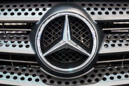 Moscow,RUSSIA - SEPTEMBER 5, 2019: 15TH INTERNATIONAL EXHIBITION OF COMMERCIAL VEHICLES "COMTRANS 2019". Mercedes Benz company logo at the exhibitionのeditorial素材