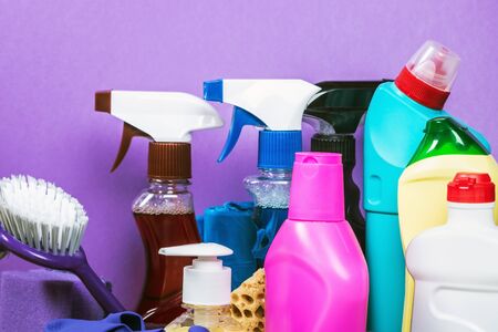 different products and items for cleaning on the kitchen countertop. Concept cleaningの写真素材