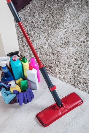 different products and items for cleaning on the kitchen countertop. Concept cleaning