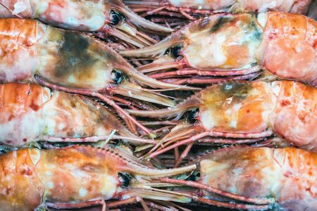 Royal prawns lie on the ice in the store or in the kitchen of a restaurant. Background seafood