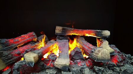 Modern electric fireplaces with imitation of real wood and burning flameの写真素材