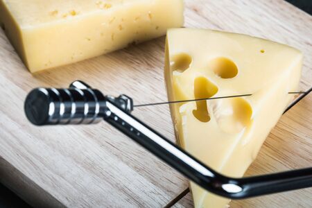 Maasdam cheese is cut on a special Board for cutting cheeseの写真素材
