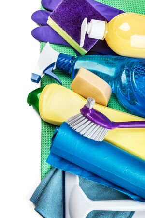 different products and cleaning items isolated on white background. Concept cleaningの写真素材