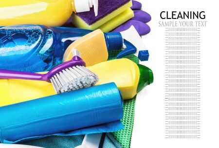 different products and cleaning items isolated on white background. Concept cleaning. Text deleteの写真素材