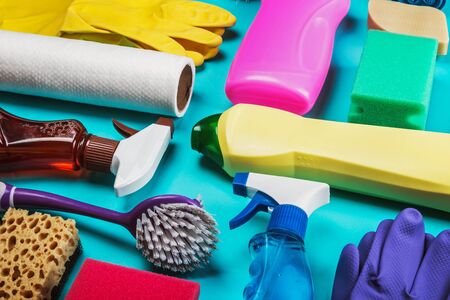 Cleaning and cleaning supplies, detergents and cleaning products. The contrast of colorsの写真素材
