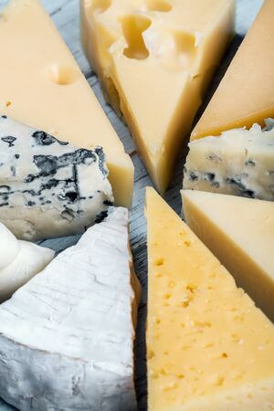 different varieties of cheese, hard, brine, soft and with mold on the tableの写真素材