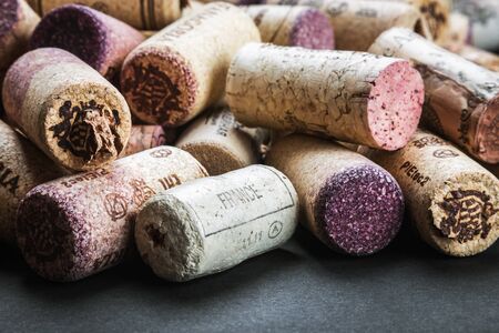 Moscow, Russia-August 28, 2019: wine corks of various manufacturers. Wine houses of France, Italy, Spain, Russia, Georgia and othersのeditorial素材