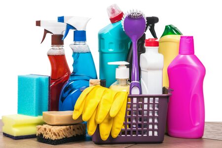 Cleaning and cleaning supplies, detergents and cleaning products isolated on white backgroundの写真素材