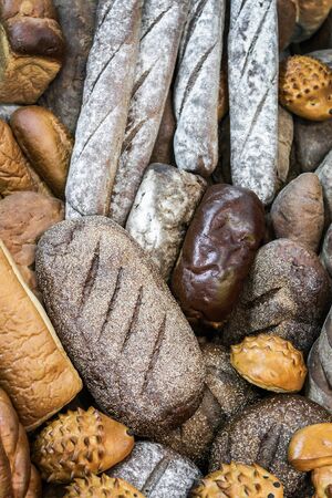 different varieties and types of bread, loaves and rolls. Background of freshly baked breadの写真素材