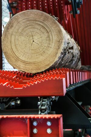sawmill feeding flanges in woodworking machine at the sawmillの写真素材