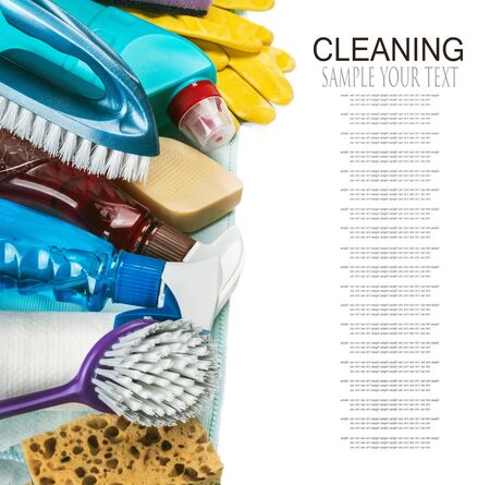 Cleaning and cleaning supplies, detergents and cleaning products isolated on white background, Text deleteの写真素材