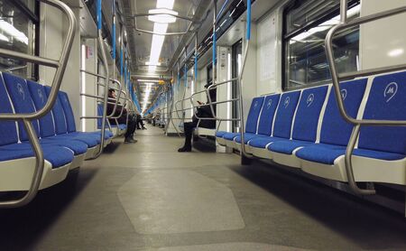 Moscow, Russia-December 14, 2019: movement on the modern car of the Moscow metro train. Hyperlapseのeditorial素材