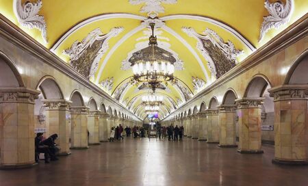 Moscow, Russia-December 14, 2019: people at the most beautiful Moscow metro station Komsomolskaya.のeditorial素材