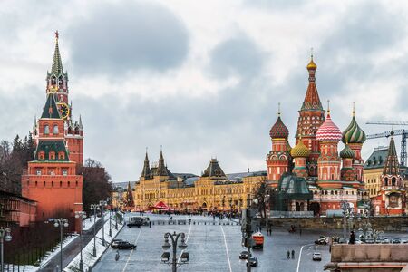 Moscow, Russia-January 13, 2020: view of the Moscow Kremlin and Pokrovsky Cathedral (St. Basils Cathedral) in Moscow on a winter eveningのeditorial素材