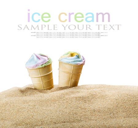 colorful ice cream in a waffle Cup on sand isolated on white background. Text delete

の写真素材